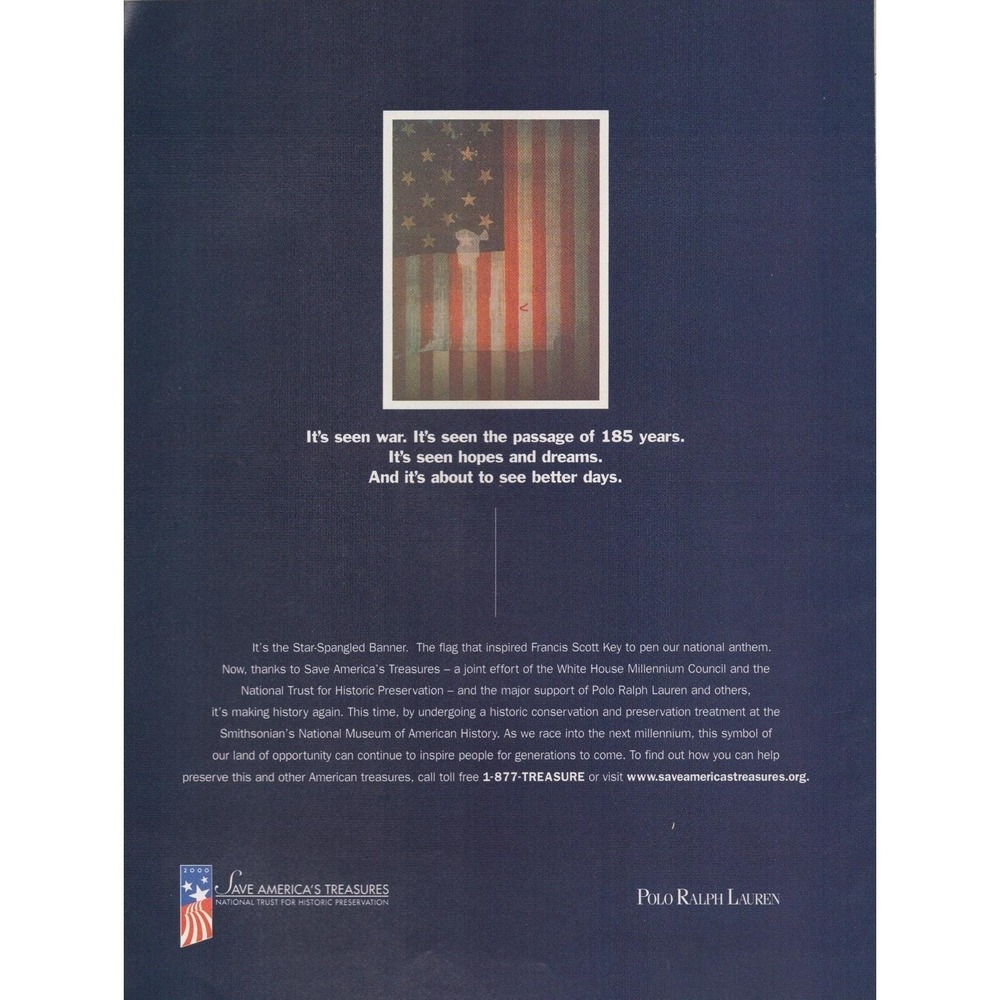 Vintage 1999 Polo Ralph Lauren Print Ad y2k Save Americas Treasures Flag USA